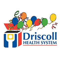 A logo of driscoll health system with balloons coming out of it.