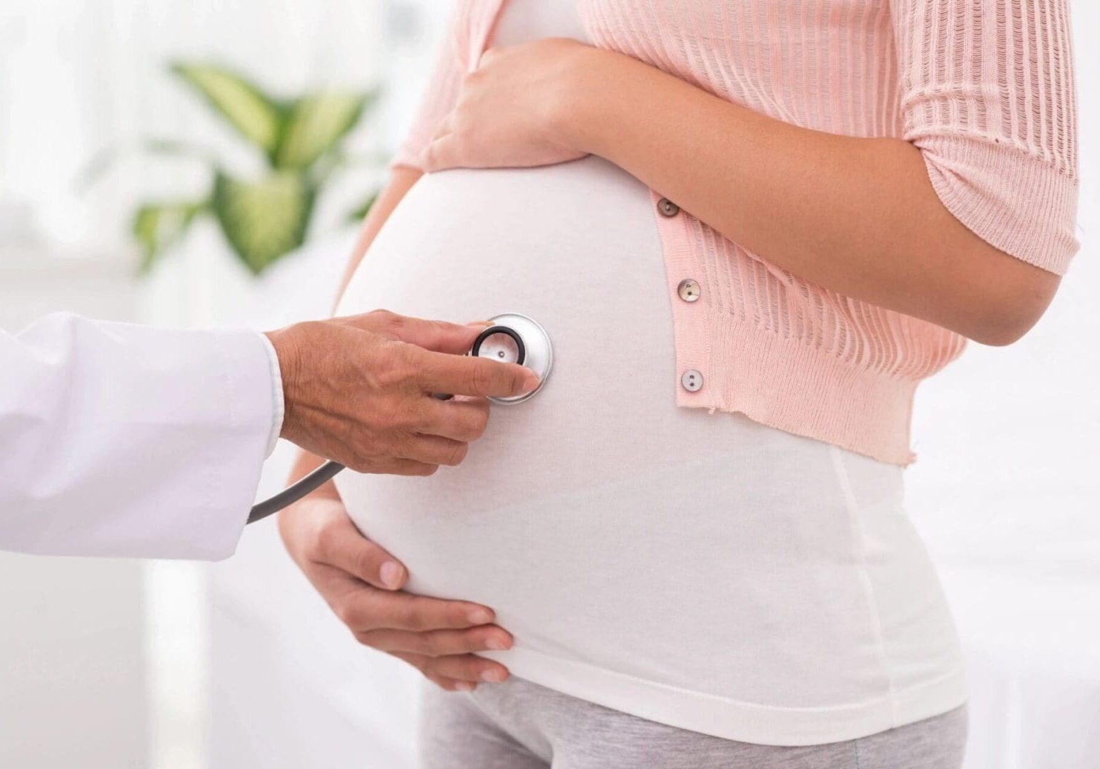 A doctor is checking the belly of a pregnant woman.